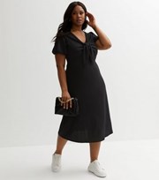 New Look Curves Black Crinkle Jersey Tie Front Midi Dress